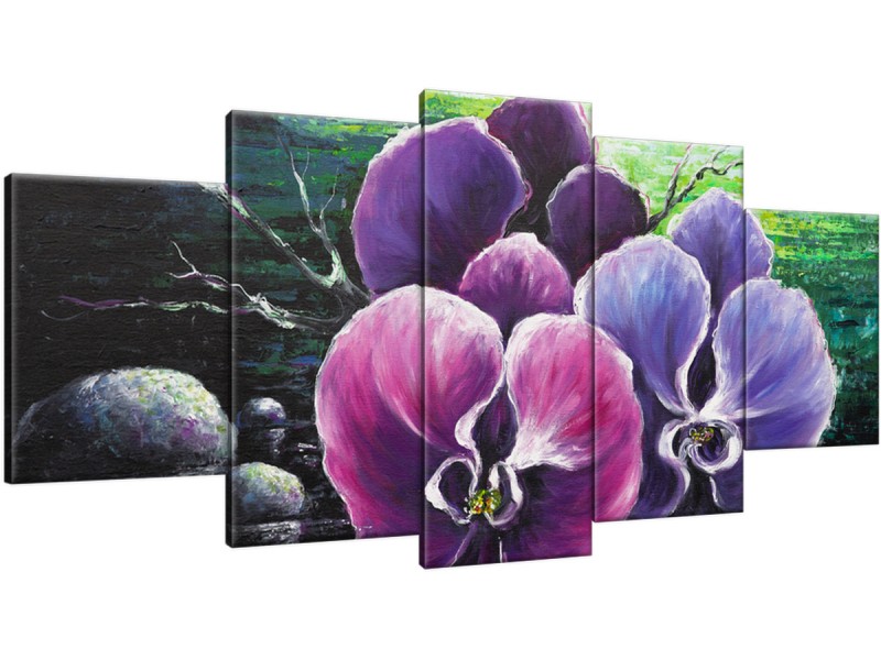 Schilderij handgeschilderd Orchidee | Paars , Roze , Groen | 150x70cm 5Luik
