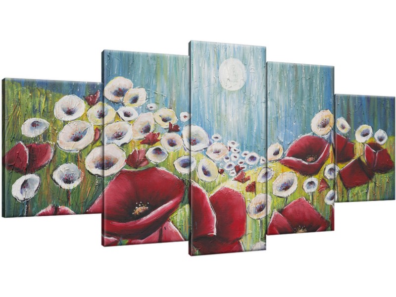 Schilderij handgeschilderd Klaproos | Rood , Blauw , Groen | 150x70cm 5Luik